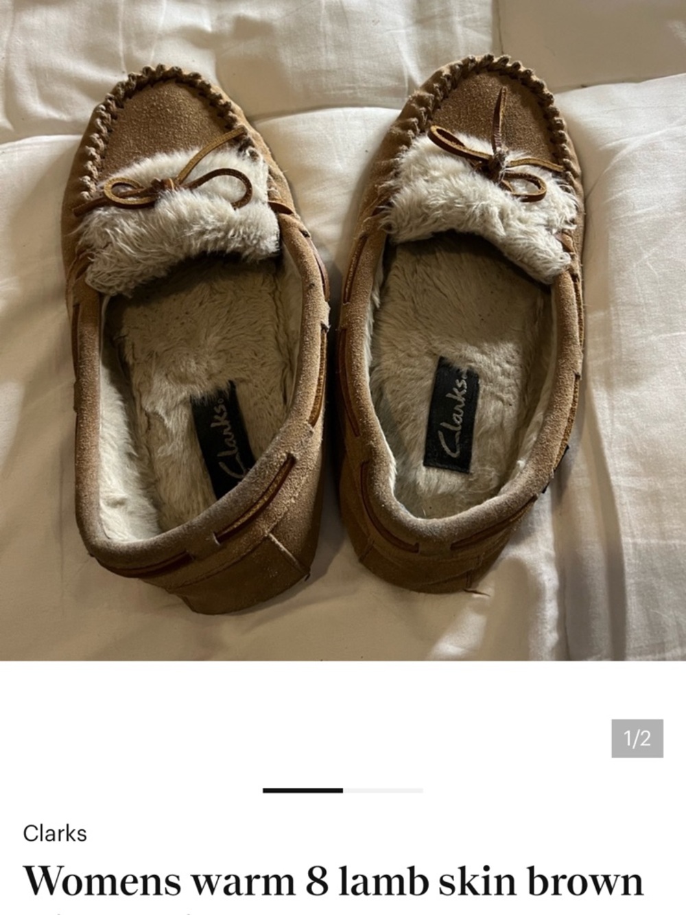 Clarks Women's Brown Suede Moccasins with Cream Faux-Fur Trim